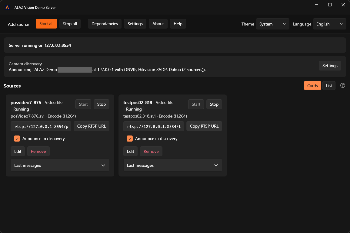 ALAZ Vision Demo Server: iki örnek video RTSP kaynağı olarak yayınlanıyor