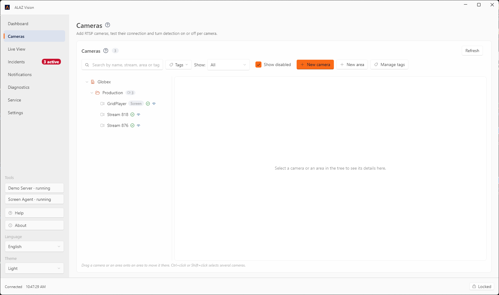 ALAZ Vision Desktop Kameralar sayfası: alan ve kamera ağacı