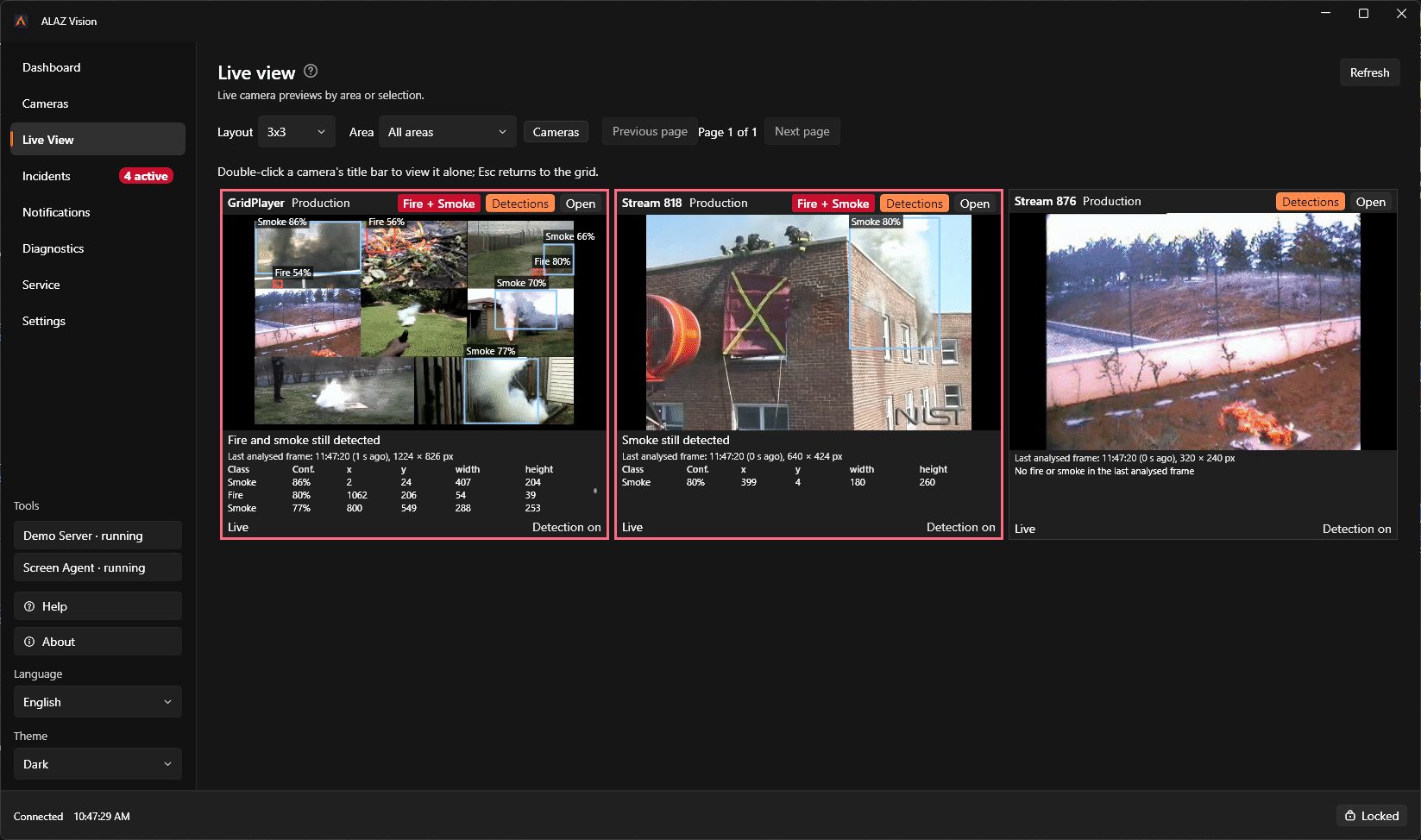 ALAZ Vision Desktop Live View: üç kamerada duman ve yangın tespitleri kutularla işaretlenmiş