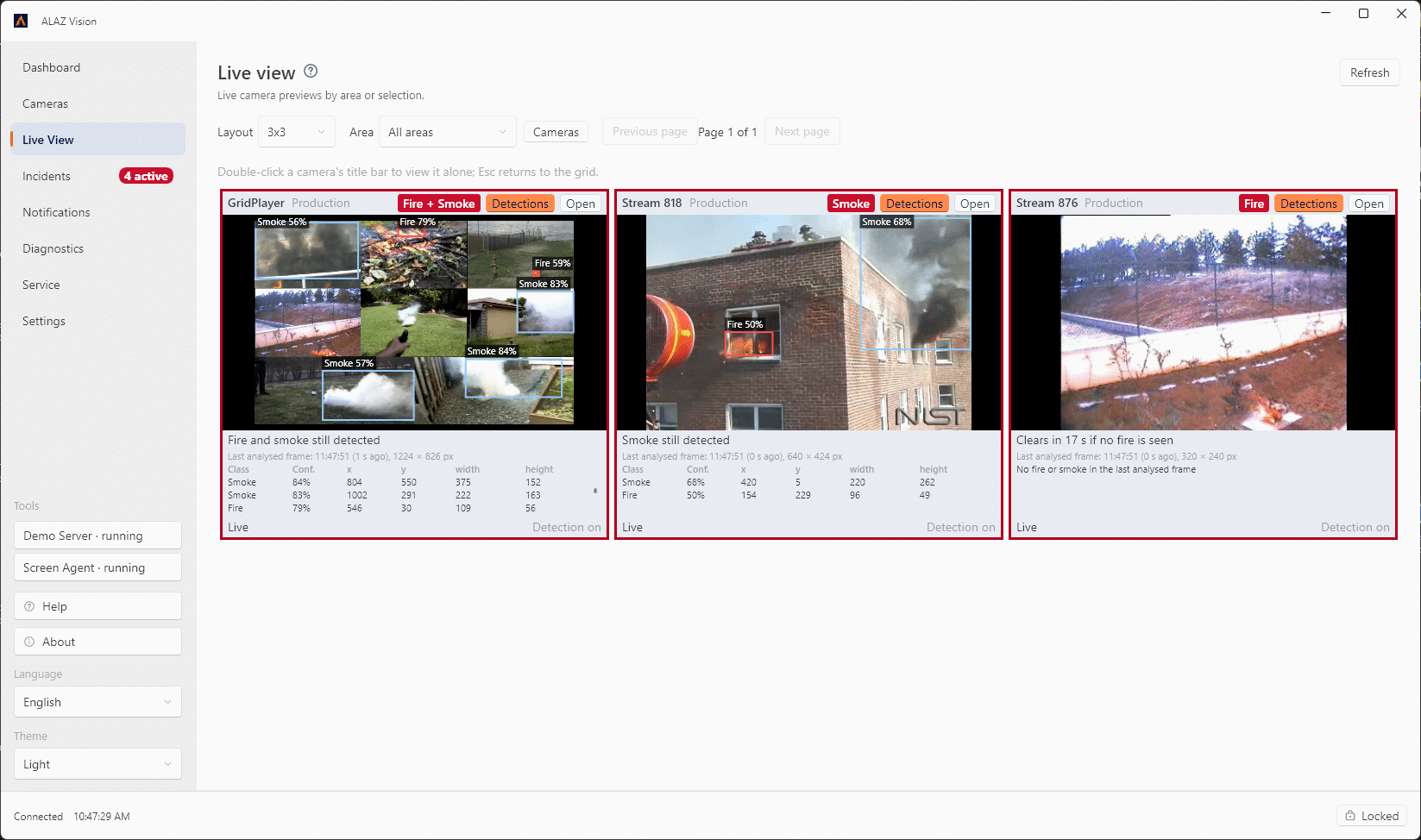ALAZ Vision Desktop Live View: üç kamerada duman ve yangın tespitleri kutularla işaretlenmiş