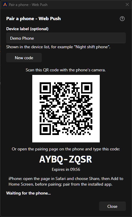ALAZ Vision Desktop Telefon eşleştir penceresi: QR kod ve eşleştirme kodu