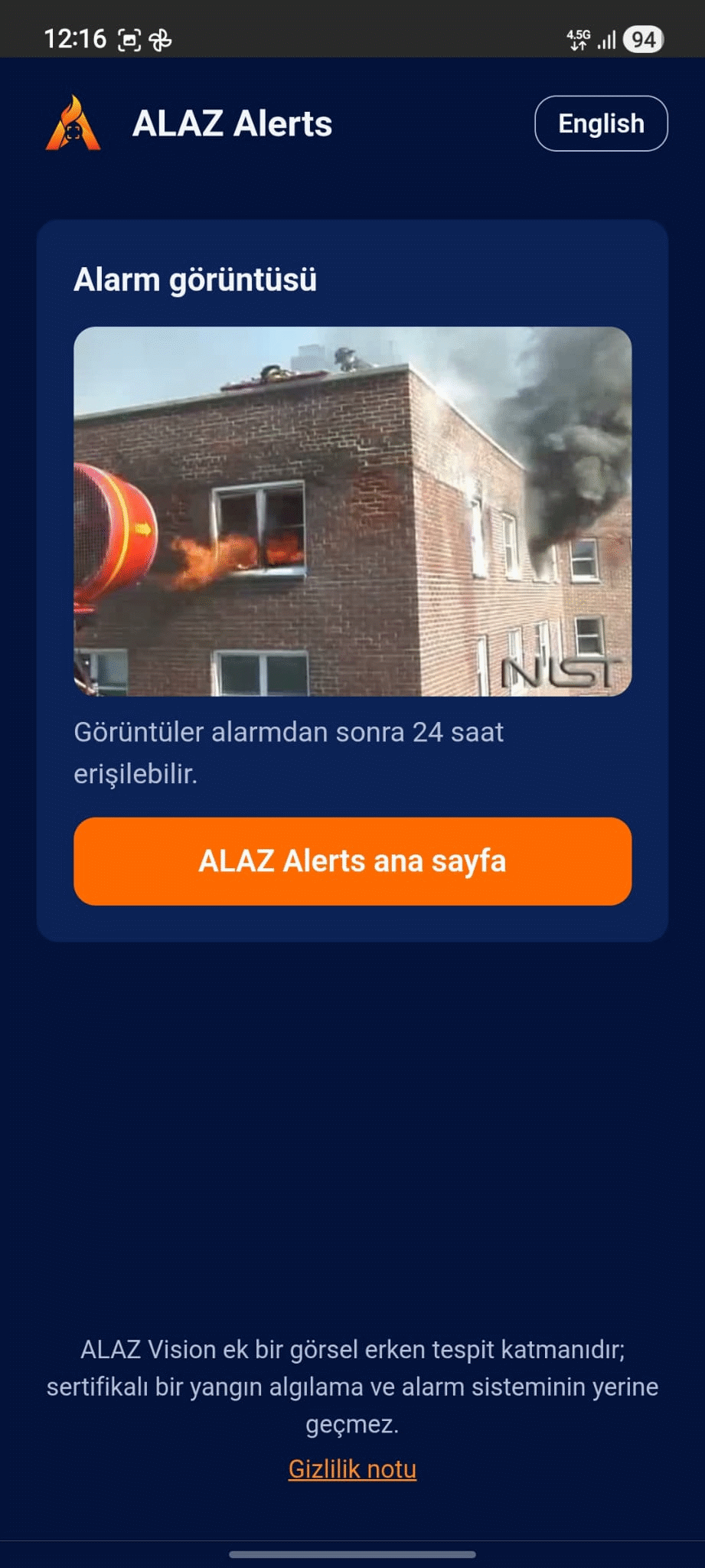 ALAZ Alerts telefonda: alarm görüntüsü sayfası