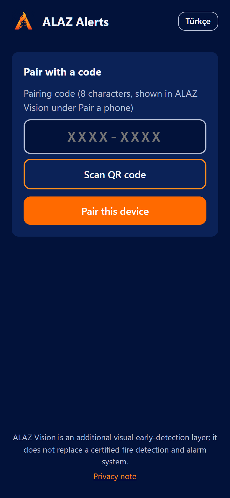 ALAZ Alerts telefonda: kodla eşleştirme ve QR kod okutma