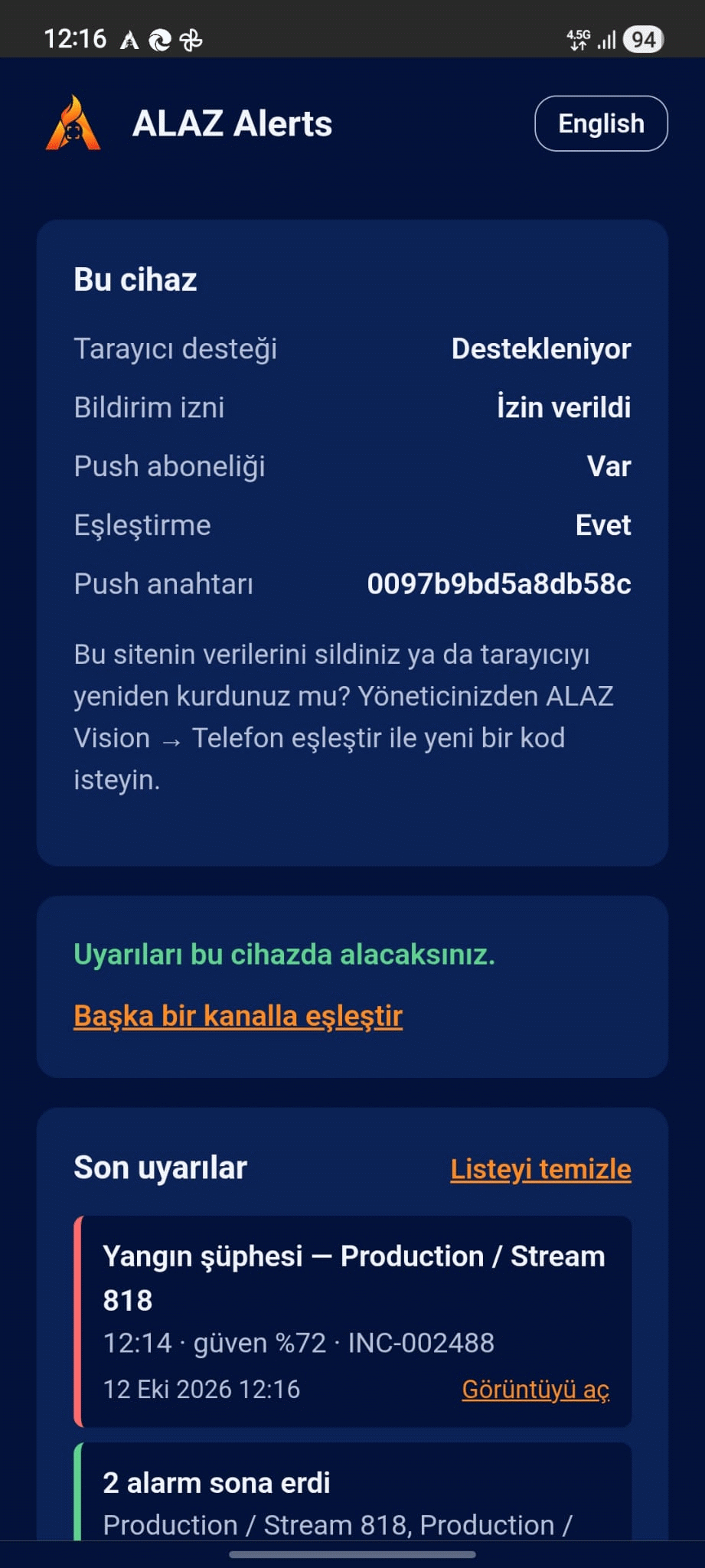 ALAZ Alerts telefonda: cihaz durumu ve son uyarılar listesi