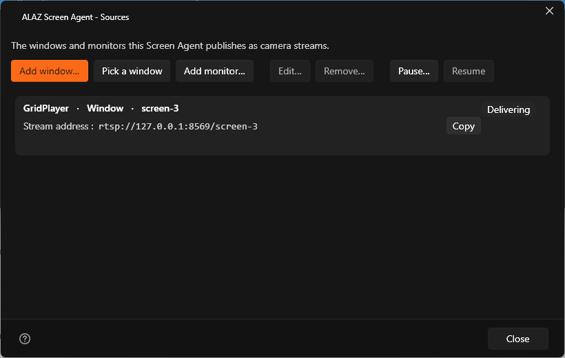 ALAZ Screen Agent kaynaklar penceresi: bir izleme uygulamasının penceresi RTSP stream olarak yayınlanıyor