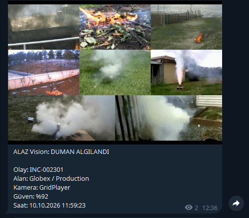 Telegram'a gelen ALAZ Vision duman alarmı: olay numarası, alan, kamera, güven değeri, saat ve snapshot